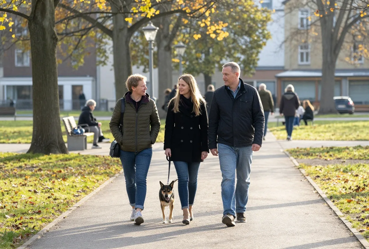 Ein Paar in den Dreißigern spaziert im Herbst mit einem angeleinten Hund auf einem Parkweg