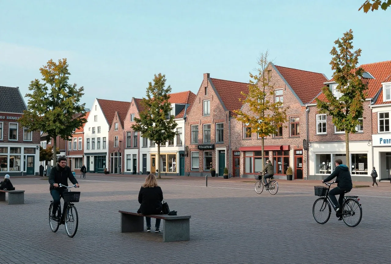 Ein ruhiger Platz in einer norddeutschen Hafenstadt mit Backsteinhäusern, Herbstbäumen und vorbeifahrenden Radfahrern