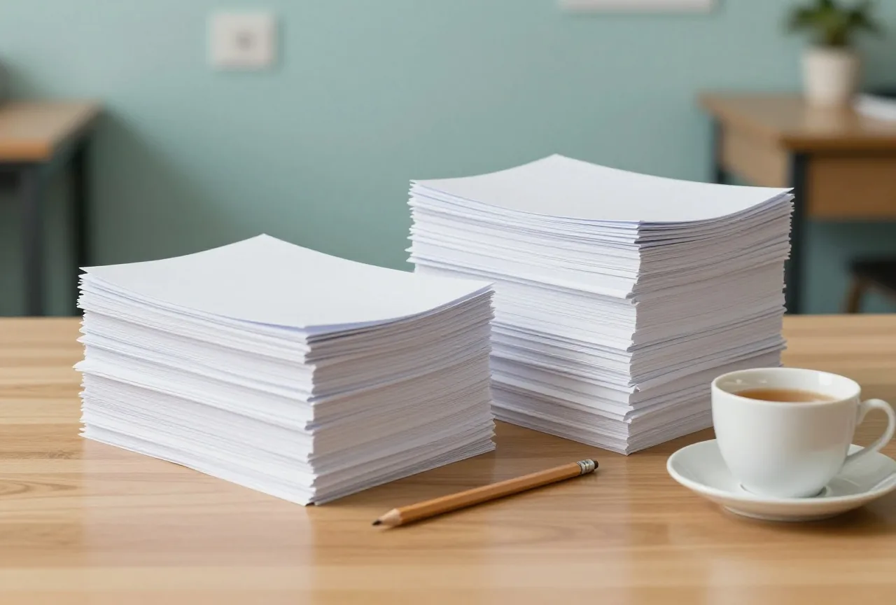 Zwei gleich hohe Stapel weißes Papier auf einem Holzschreibtisch neben einem Bleistift und einer Tasse Tee