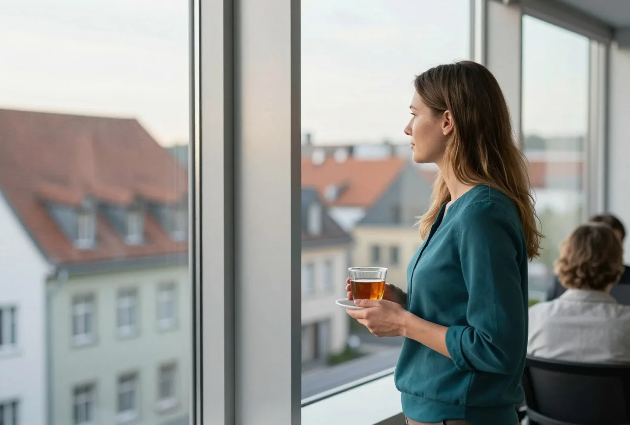 Eine Frau in den Dreißigern steht mit einer Tasse Tee am Bürofenster und blickt über Dächer