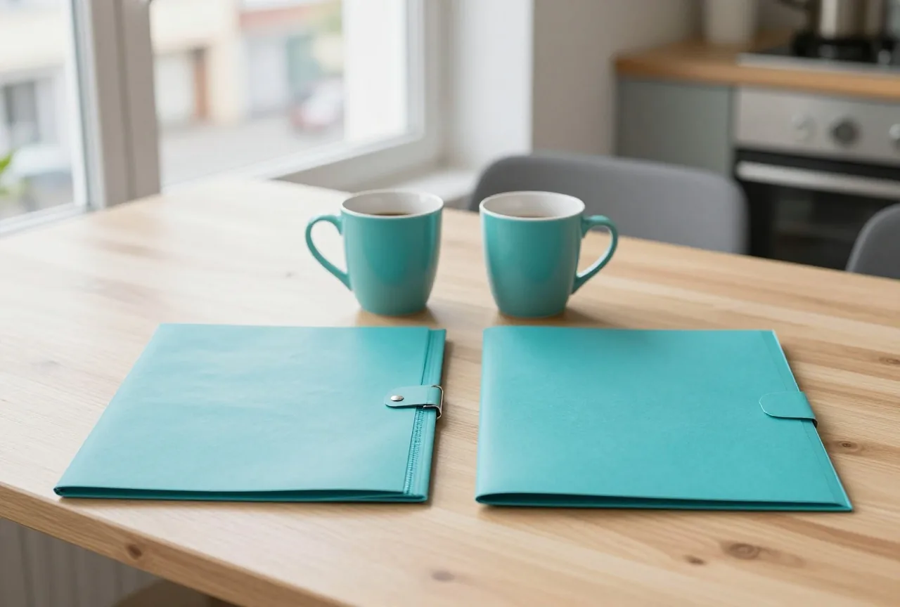 Zwei Kaffeetassen und zwei geschlossene Mappen nebeneinander auf einem hellen Holztisch im Morgenlicht