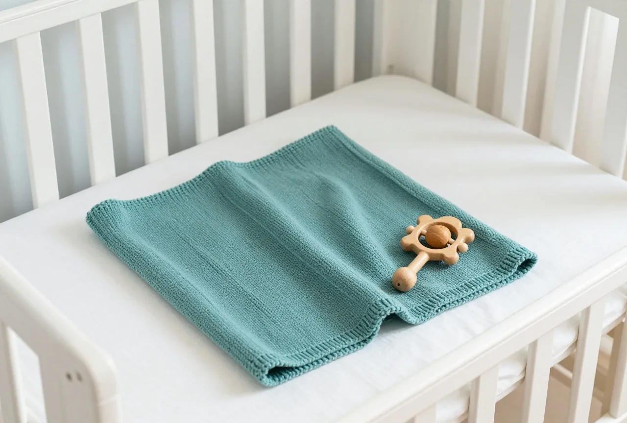 Eine kleine gestrickte Decke und eine Holzrassel auf einer weißen Matratze in einem hellen Kinderzimmer
