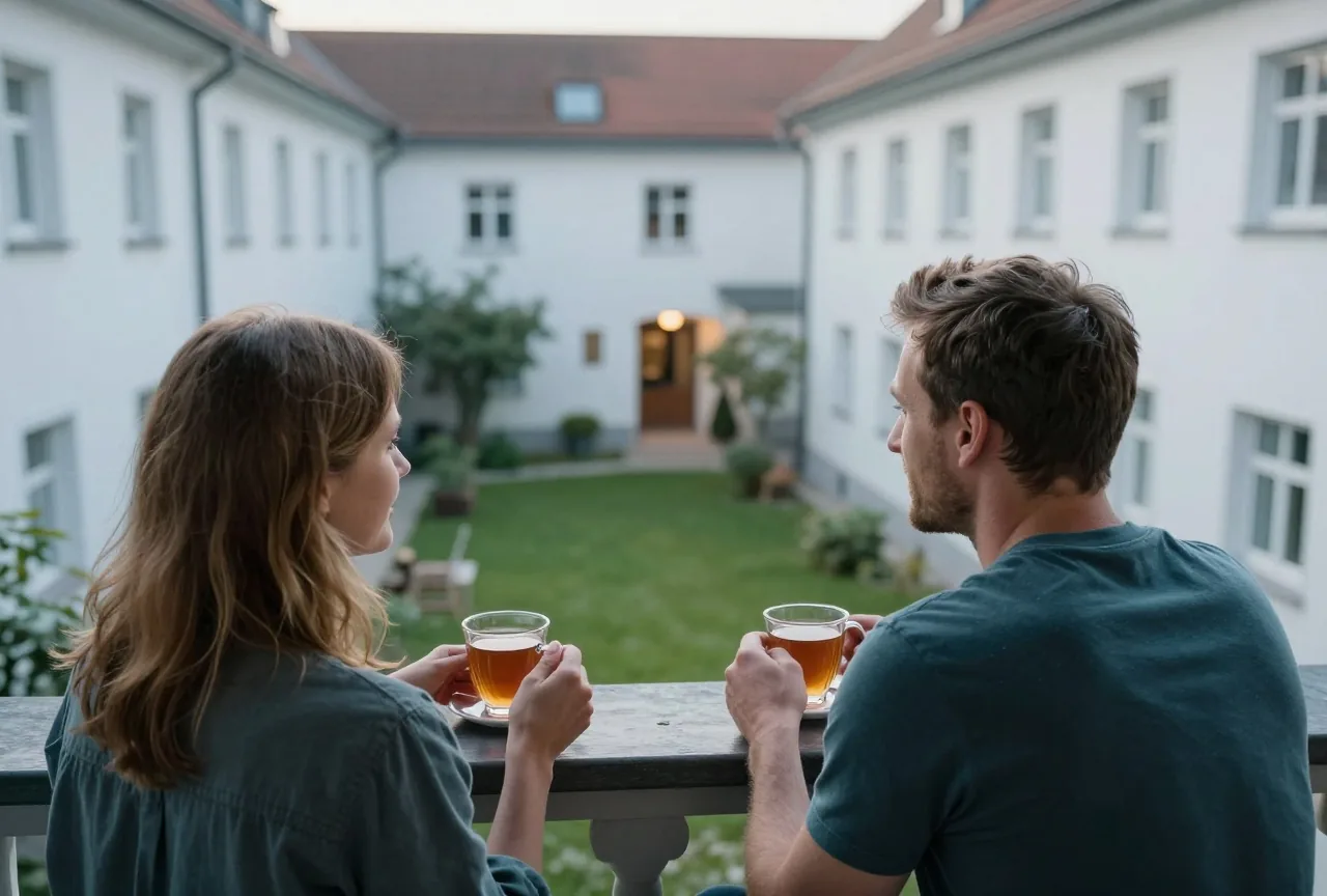 Ein Paar in den Dreißigern sitzt von hinten gesehen mit Tee auf einem Balkon über einem grünen Innenhof