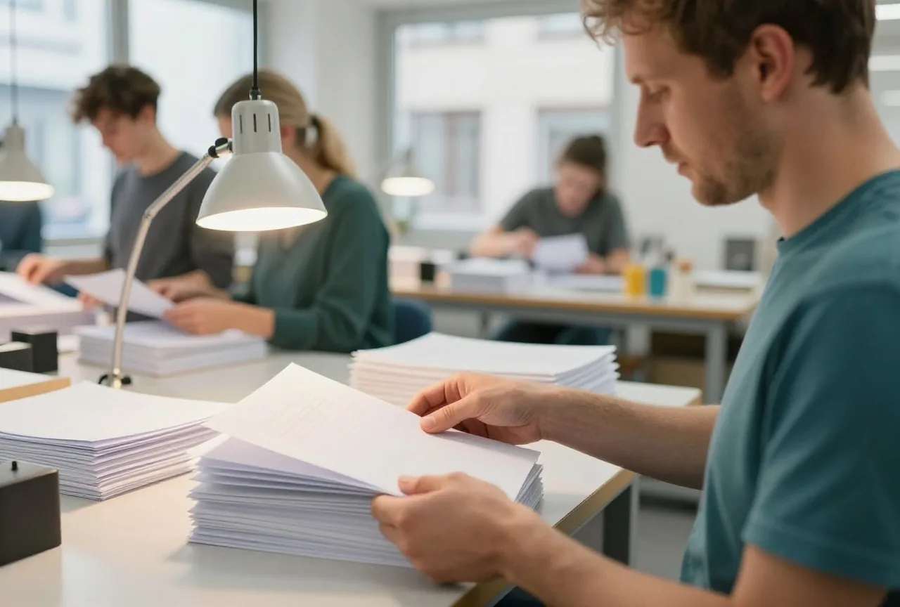 Ein Mann in den Vierzigern sortiert in einer kleinen Werkstatt am Schreibtisch Papiere in Ordner, warmes Lampenlicht
