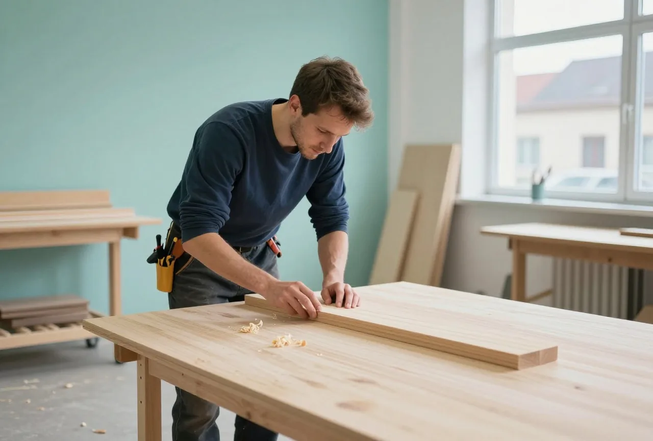 Ein Tischler in den Dreißigern hobelt in einer aufgeräumten Werkstatt ein Holzbrett, Späne liegen am Boden