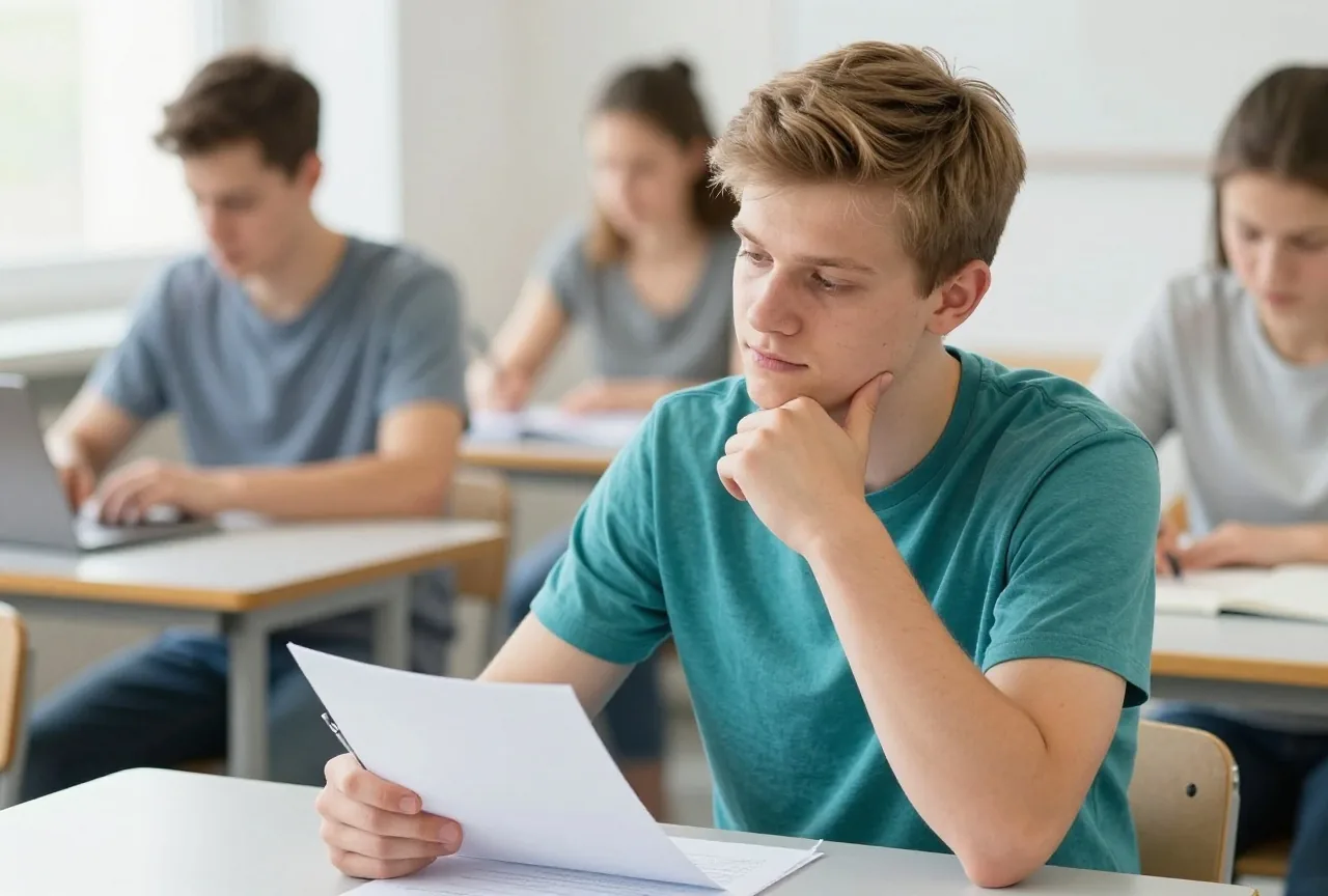 Ein junger Mann Anfang zwanzig sitzt mit einem Stift über einem Blatt Papier an einem Schreibtisch in einem hellen Zimmer