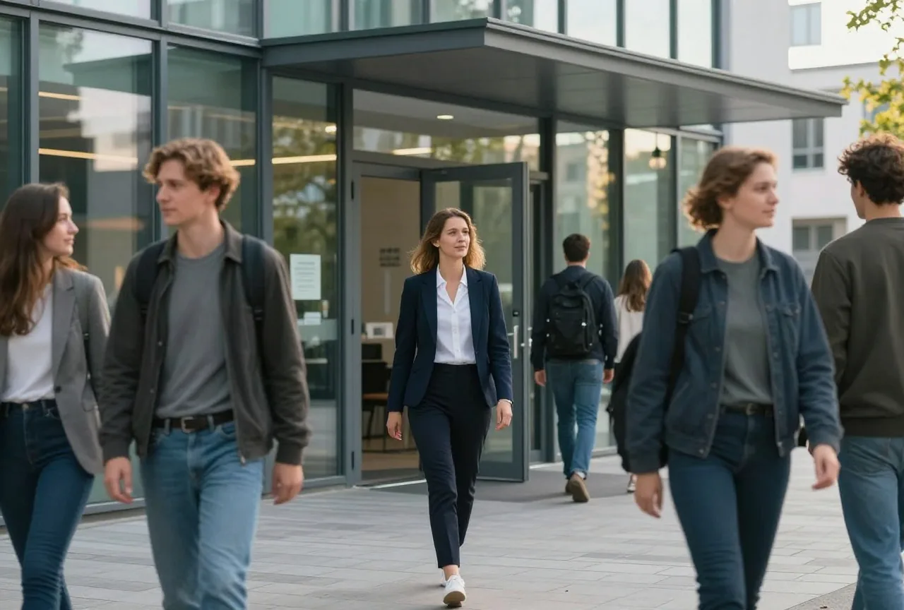 Eine junge Frau Mitte zwanzig im Blazer verlässt ein modernes Bürogebäude in die Abendsonne