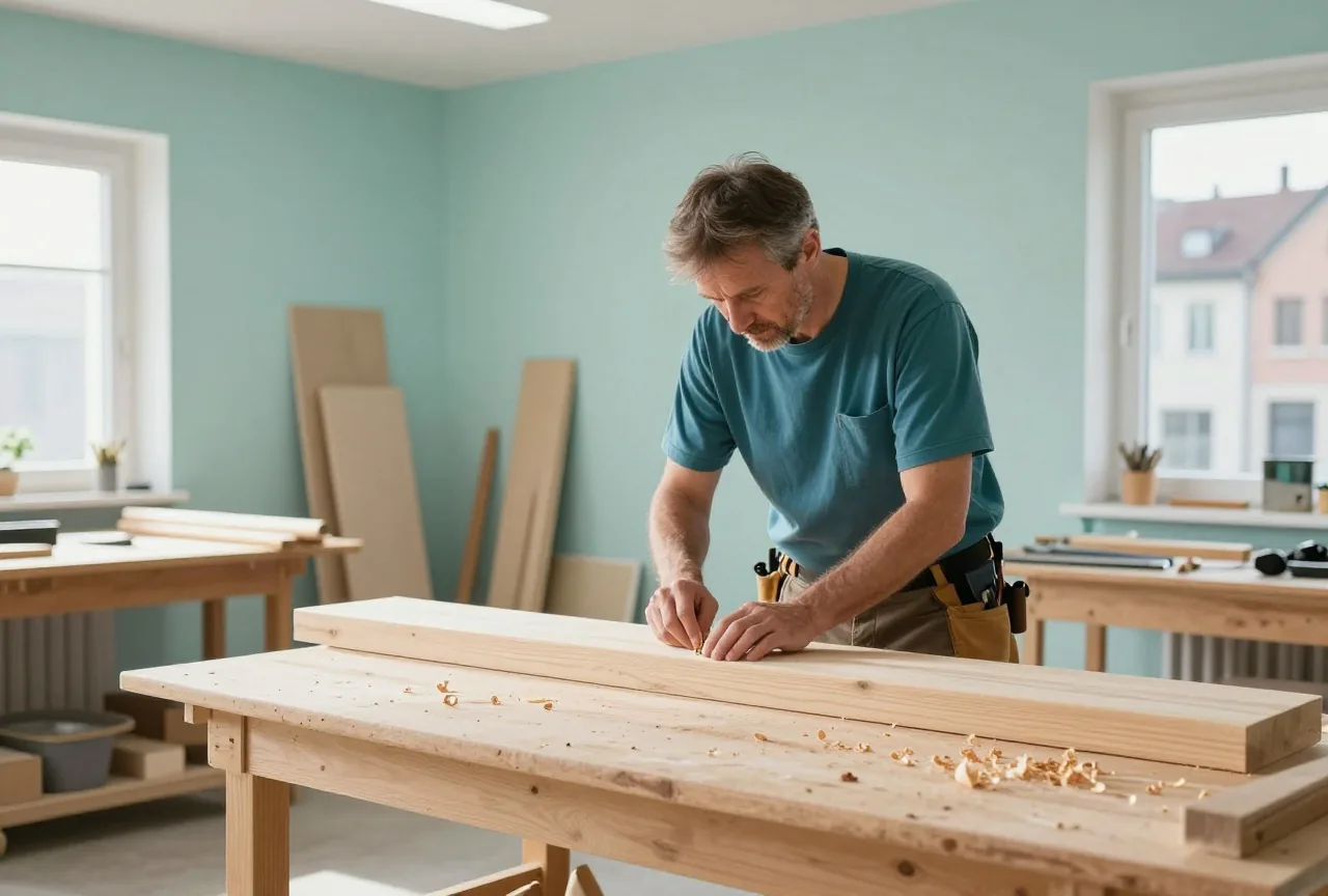 Ein Tischler in den Vierzigern hobelt in einer sonnigen Werkstatt ein Holzbrett, auf der Werkbank liegen Späne