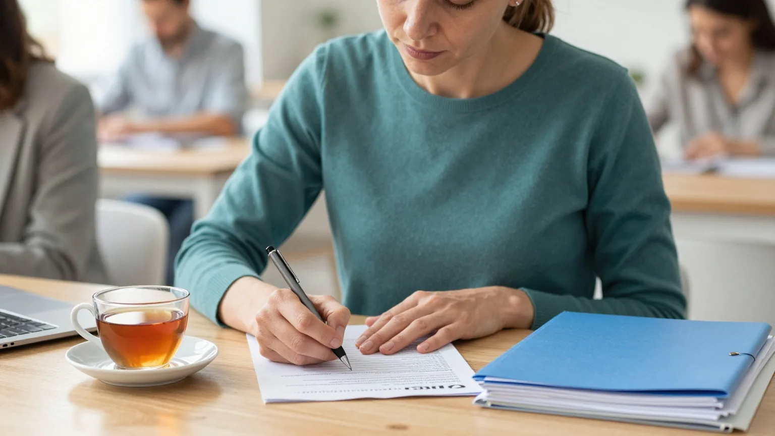 Eine Frau in den Vierzigern sitzt am Küchentisch und schreibt mit einem Stift auf ein Blatt Papier, daneben Tee und geschlossene Ordner