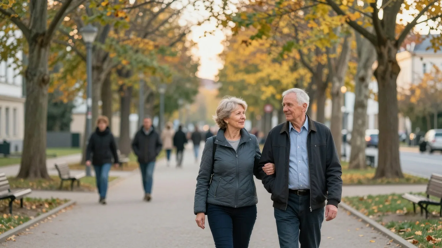 Ein Paar Ende sechzig geht untergehakt einen Parkweg mit Bäumen entlang, goldenes Herbstlicht am Nachmittag