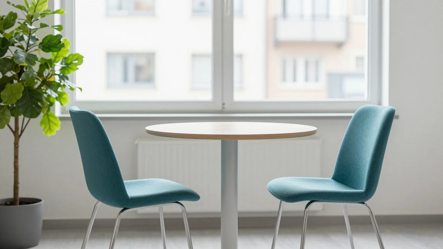 Zwei leere Stühle an einem kleinen runden Tisch in einem hellen Wartebereich mit Grünpflanze und großem Fenster