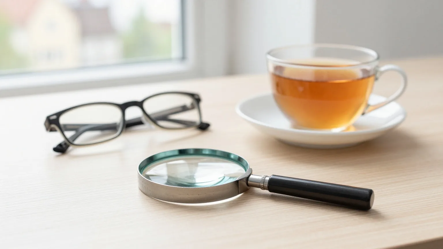 Eine Lupe liegt auf einem hellen Holztisch neben einer Lesebrille und einer Tasse Tee im weichen Fensterlicht