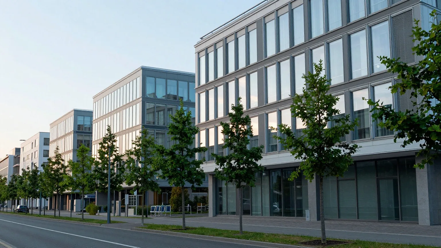 Eine Reihe moderner Bürogebäude mit Glasfassaden an einer baumgesäumten Straße im weichen Abendlicht