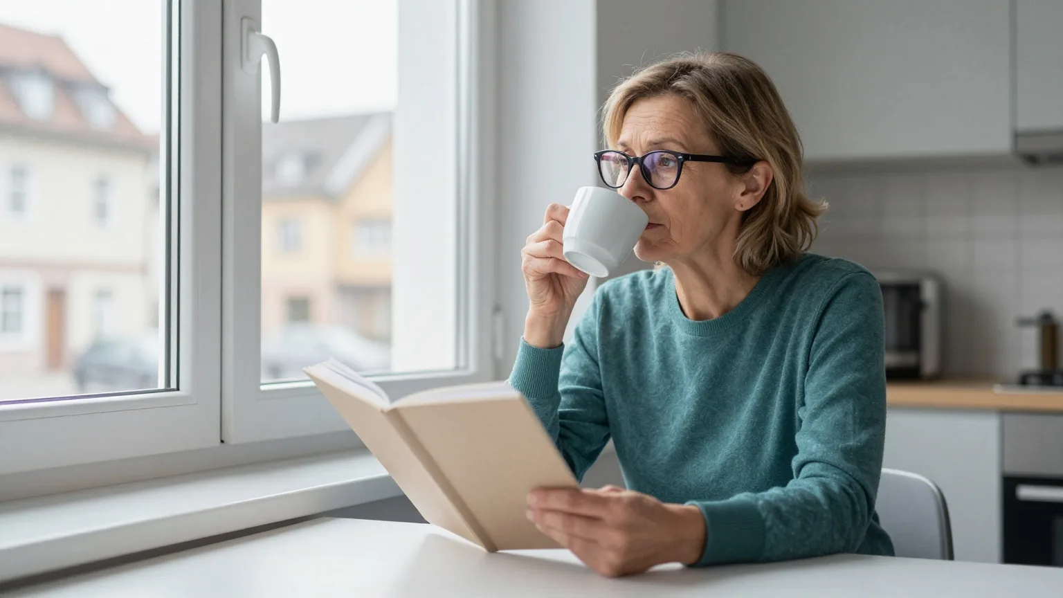 Eine Frau in den Sechzigern sitzt im Winter am Küchentisch am Fenster, hält eine Tasse Kaffee und blickt nachdenklich hinaus