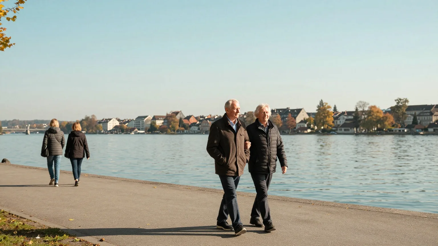 Ein älteres Paar Ende sechzig geht im Herbst Arm in Arm über eine ruhige Uferpromenade am See
