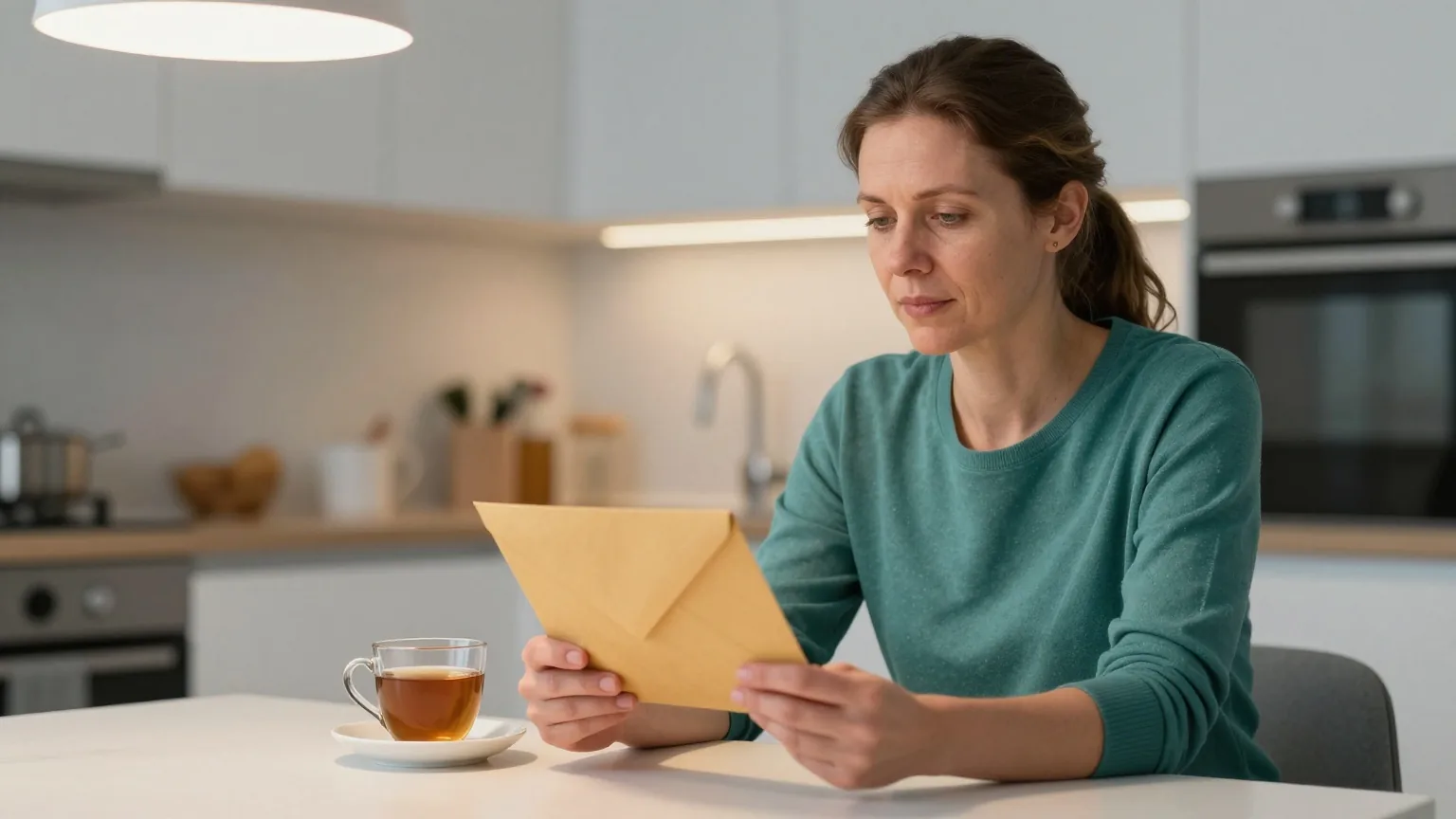 Eine Frau in den Vierzigern sitzt abends am Küchentisch und hält einen geöffneten Umschlag, daneben eine Tasse Tee