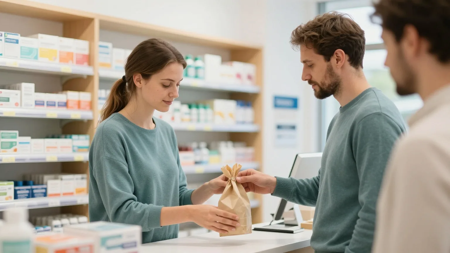 Ein Mann Ende dreißig nimmt in einer hellen Apotheke eine kleine Papiertüte von einer Apothekerin entgegen