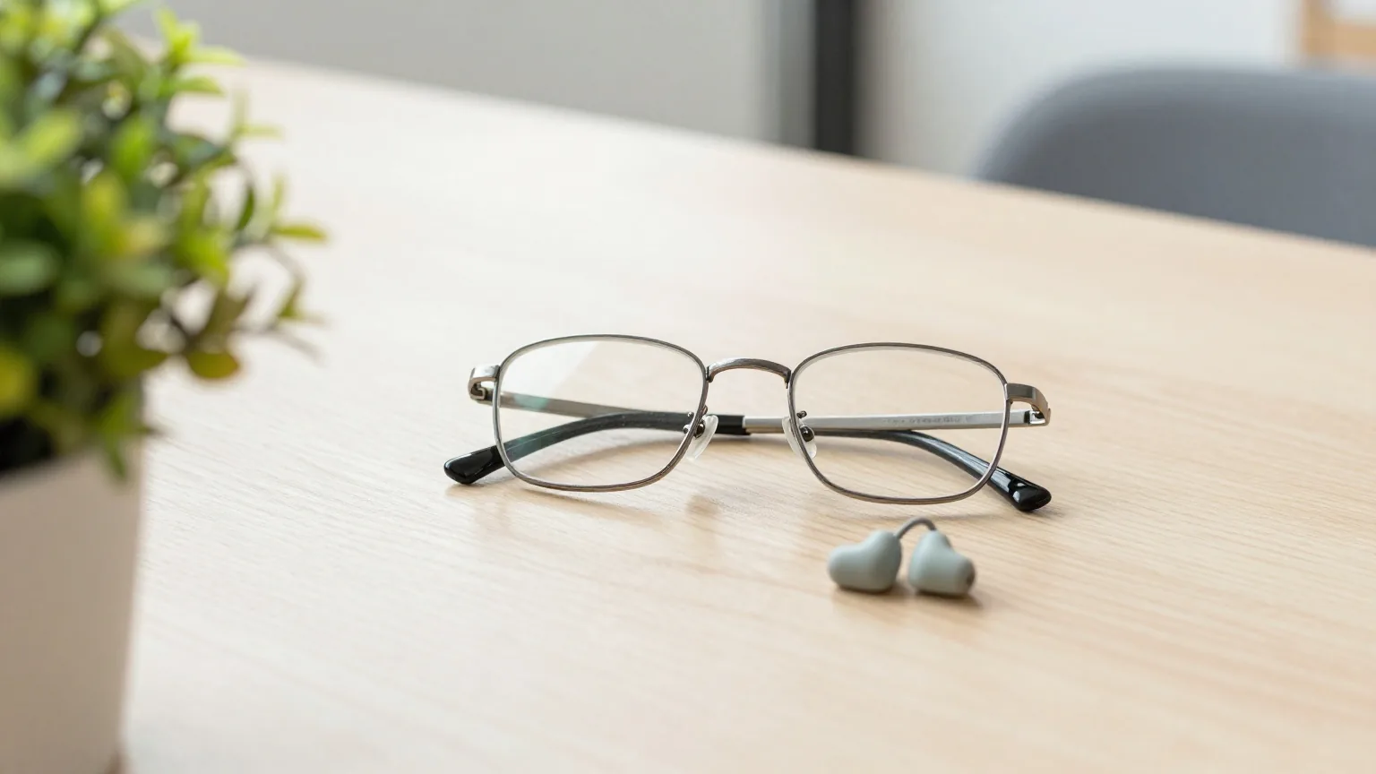 Eine schlichte Brille mit Metallrand und ein kleines Hörgerät liegen auf einem hellen Holztisch neben einer Pflanze