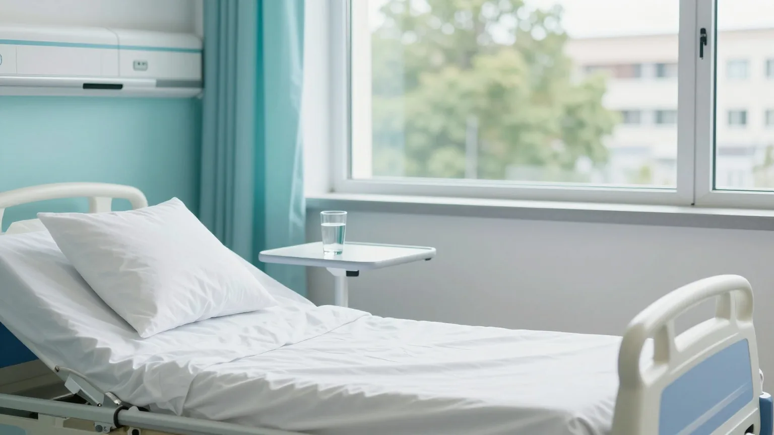 Ein helles Einzelzimmer im Krankenhaus mit gemachtem Bett, kleinem Tisch mit Wasserglas und Fenster ins Grüne