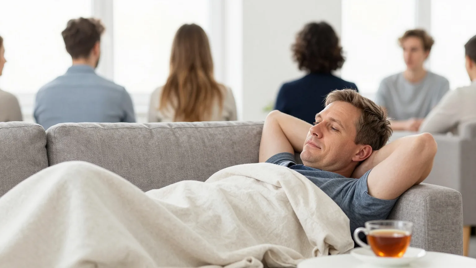 Ein Mann in den Vierzigern ruht unter einer leichten Decke auf dem Sofa, daneben eine Tasse Tee