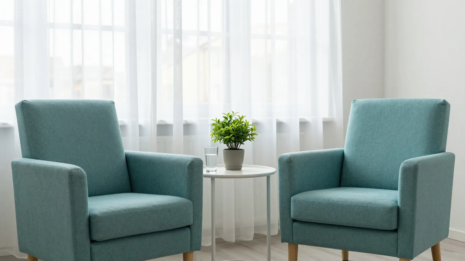 Ein ruhiger Therapieraum mit zwei gepolsterten Sesseln, Beistelltisch mit Wasserglas und Pflanze im Nachmittagslicht