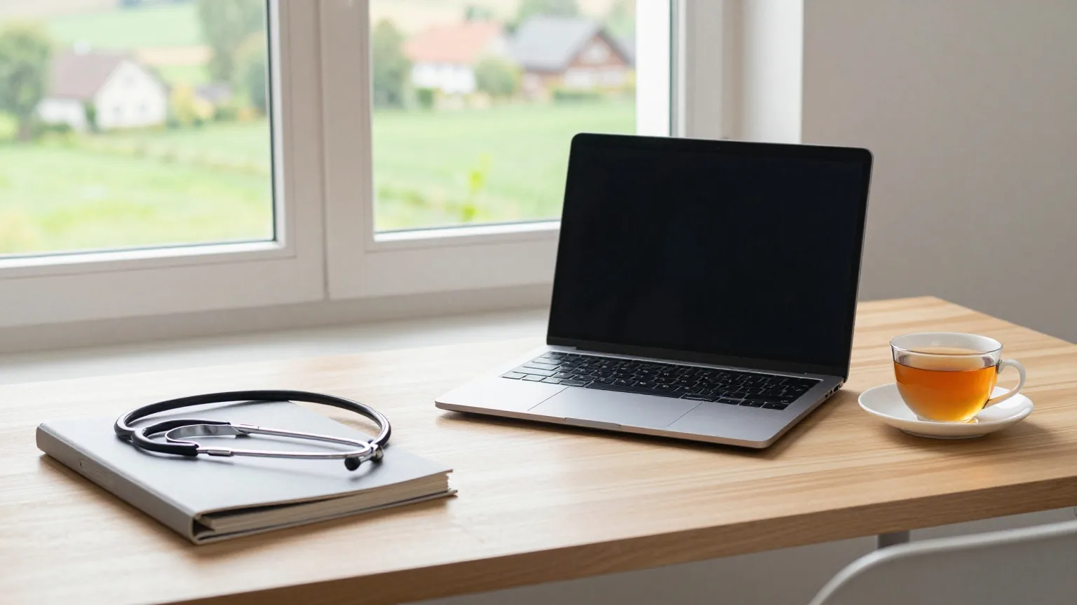 Aufgeräumter Holzschreibtisch am Fenster eines Dorfhauses mit zugeklapptem Laptop, grauem Ordner, Stethoskop und Teetasse