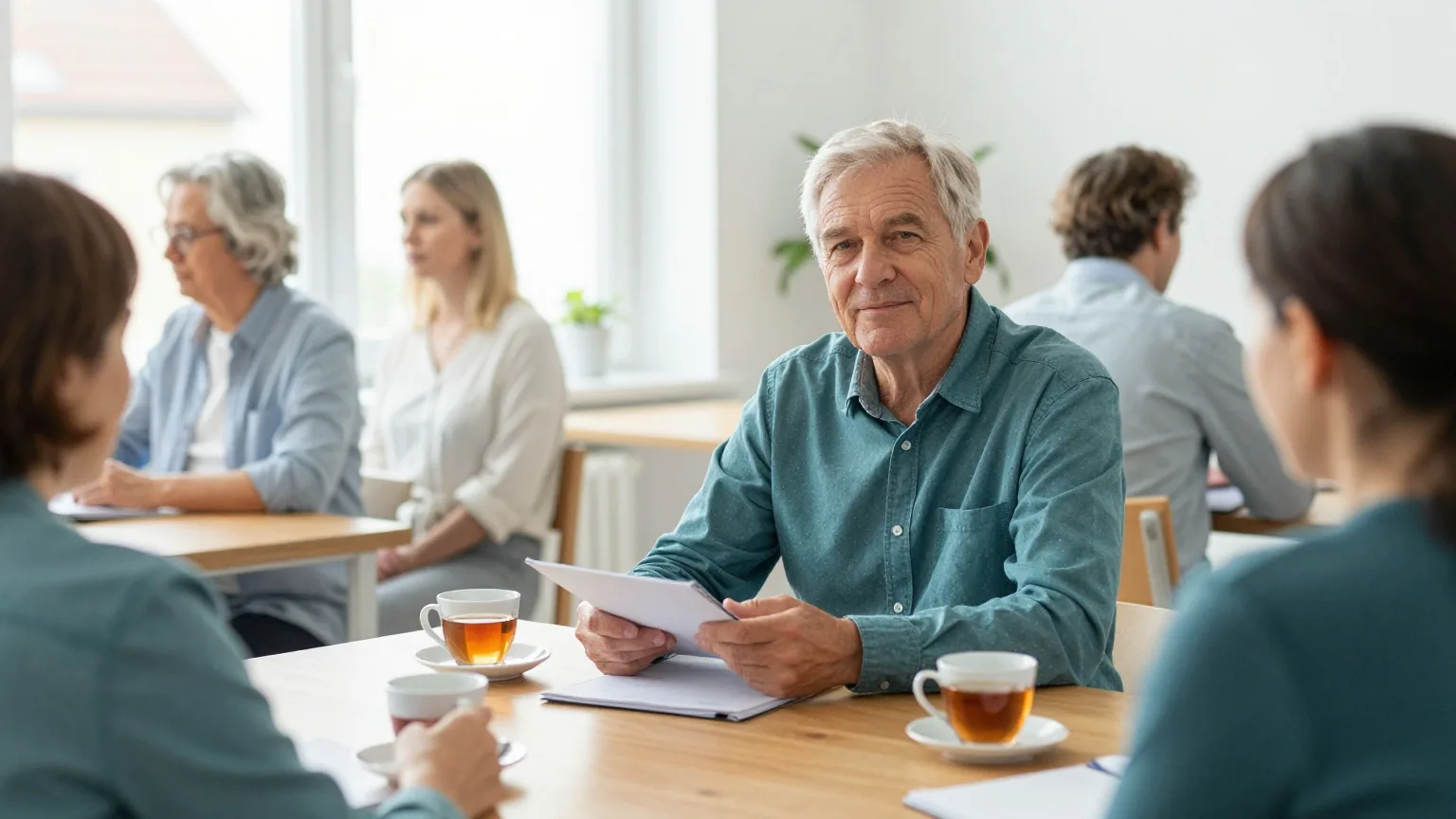 Ein Paar in den Sechzigern sitzt mit zwei Teetassen und einem geschlossenen Ordner am hölzernen Esstisch