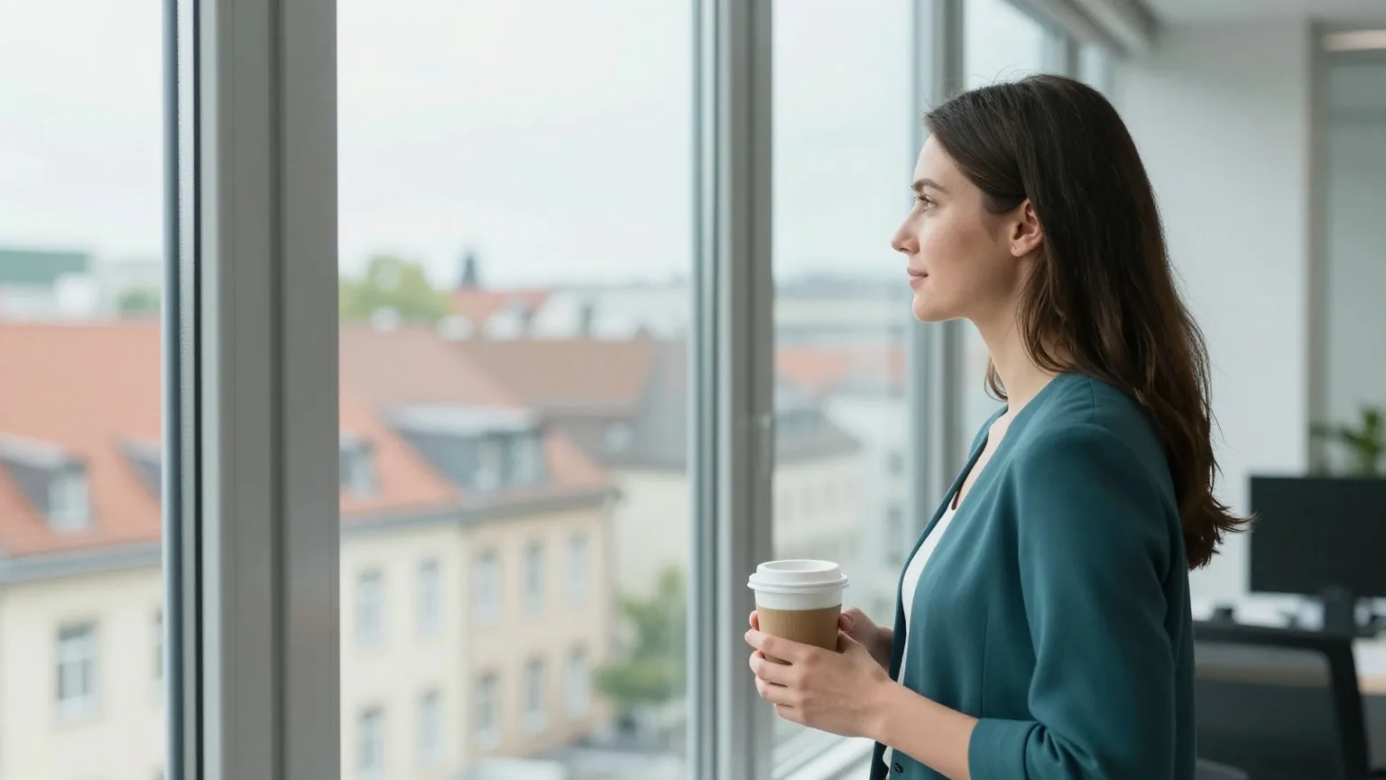 Eine Frau Anfang dreißig steht mit einer Kaffeetasse an einem hellen Bürofenster und blickt über Dächer