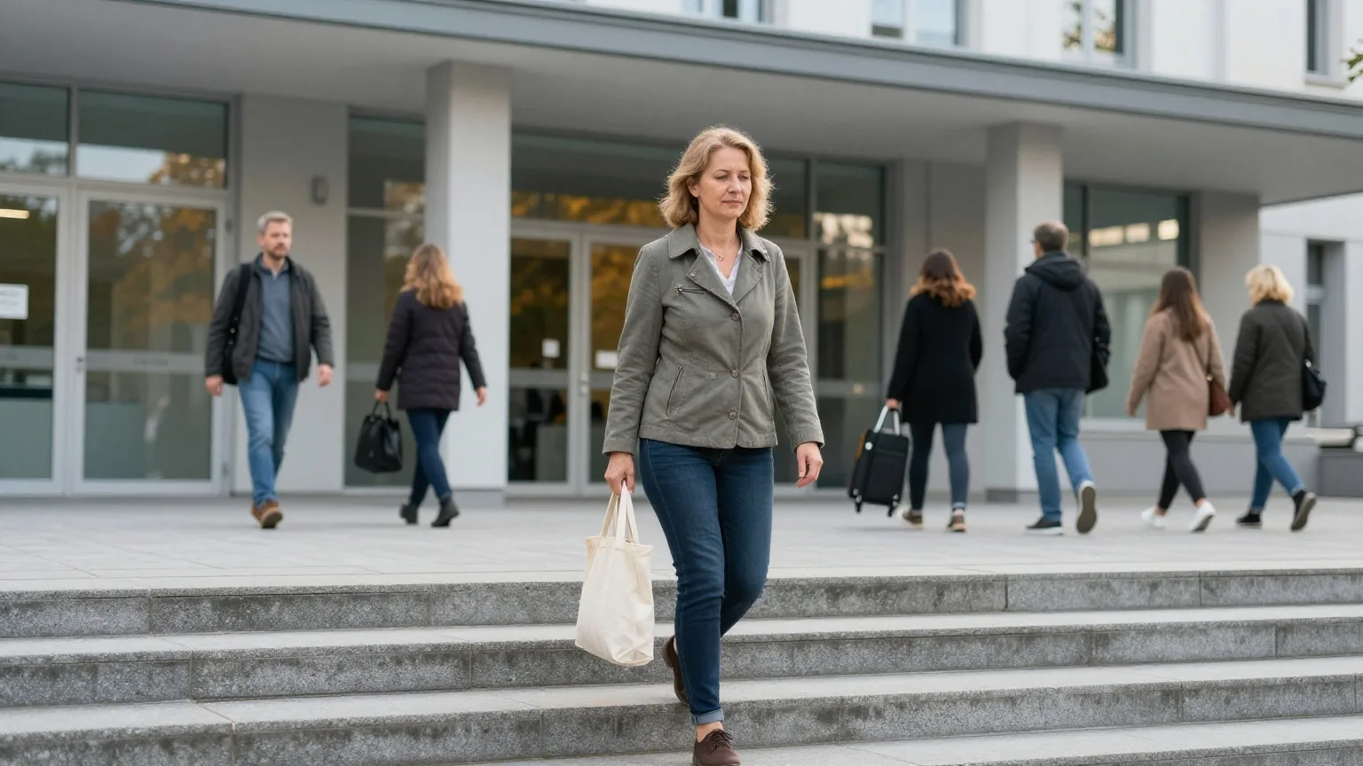 Eine Frau Ende vierzig geht an einem klaren Herbstmorgen die Stufen zu einem modernen Verwaltungsgebäude hinauf