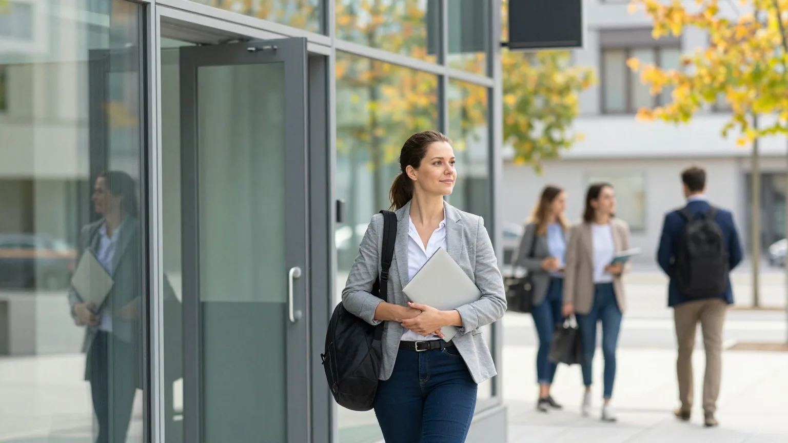 Eine Frau in den Dreißigern mit Laptoptasche tritt aus einem gläsernen Bürogebäude in die Herbstsonne