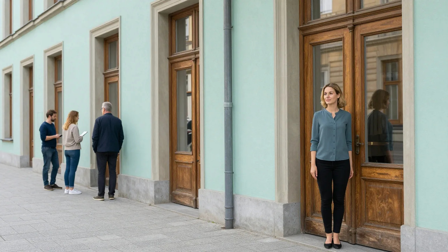 Eine Frau in den Dreißigern in Bluse steht am Fenster eines klassischen Verwaltungsgebäudes mit Holztüren und Steinboden