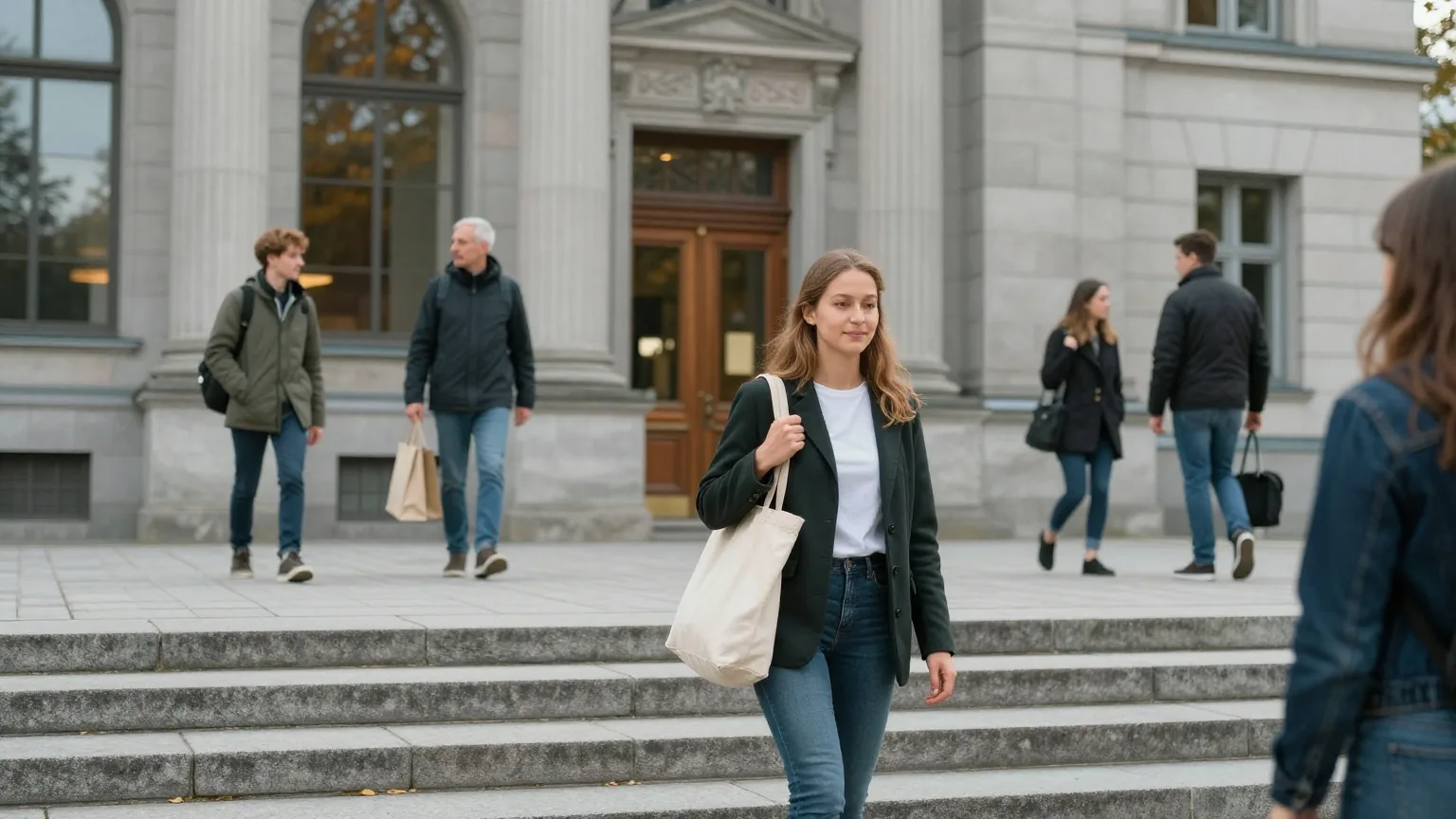 Eine junge Frau Mitte zwanzig steigt an einem Herbstmorgen mit einer Stofftasche die Steintreppe eines Verwaltungsgebäudes hinauf