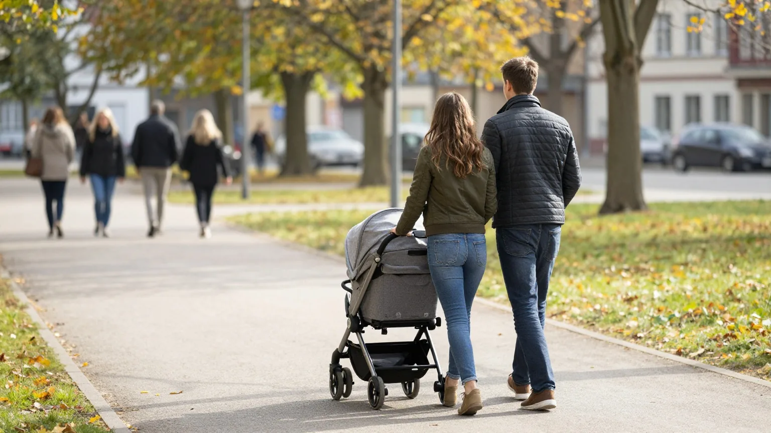 Ein Paar in den Dreißigern schiebt, von hinten gesehen, einen Kinderwagen über einen sonnigen Parkweg im Herbst