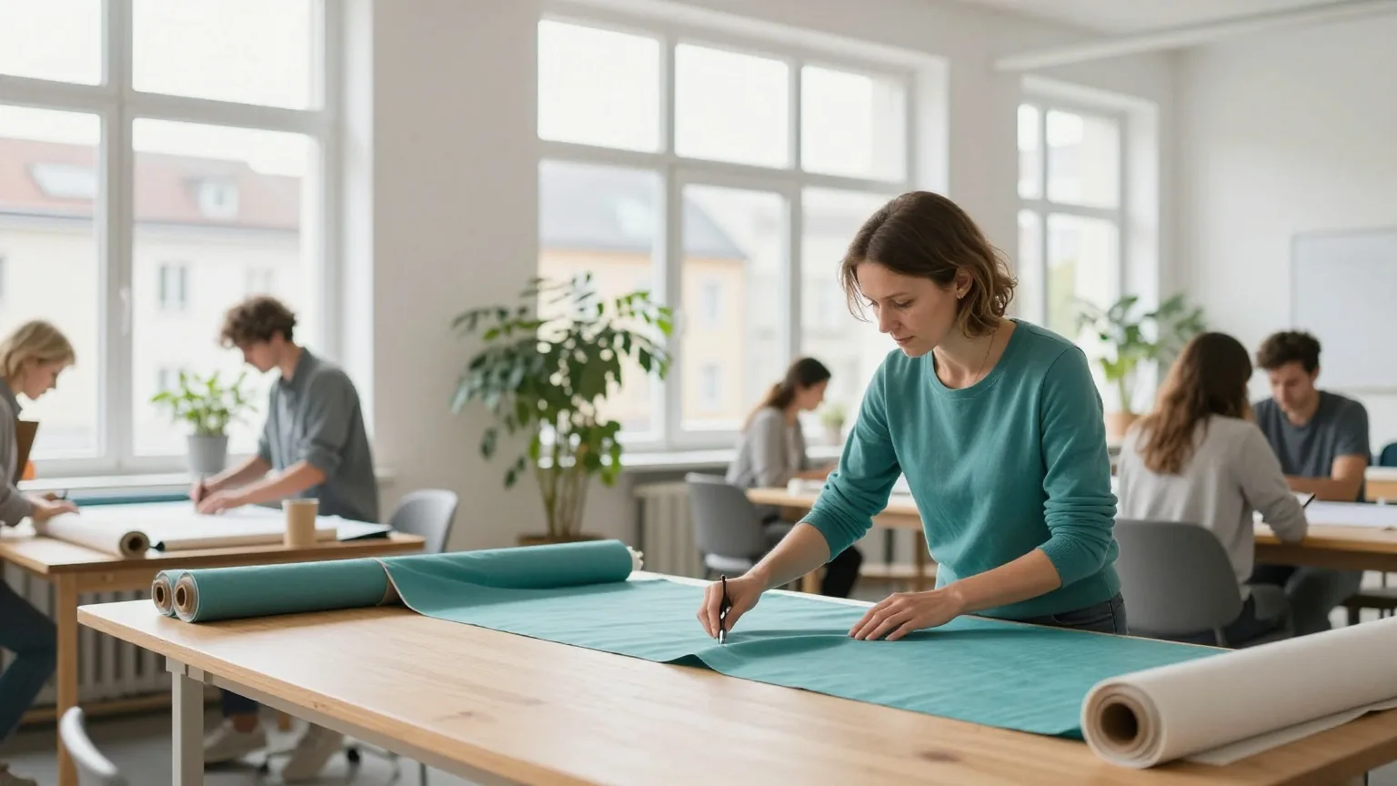 Eine Frau Anfang vierzig arbeitet in einem hellen kleinen Atelier mit Pflanzen und Stoffrollen an einem großen Holztisch