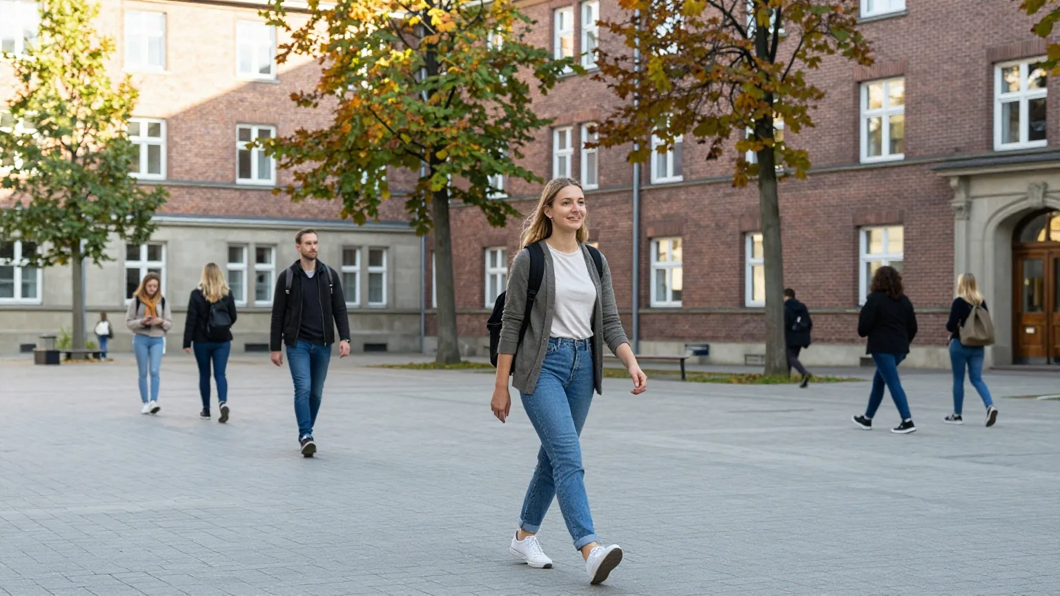 Eine junge Frau Anfang zwanzig mit Rucksack geht morgens über einen Hochschulhof mit Backsteinbauten und Herbstbäumen